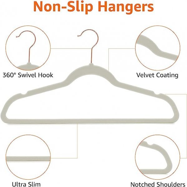 Velvet, Non-Slip Suit Clothes Hangers, Ivory/Rose Gold - Pack of 30